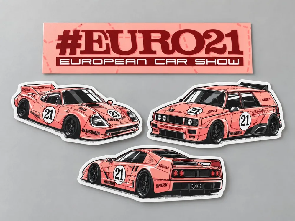 Euro 21 European Car Show pink race car stickers by Vaderwerks