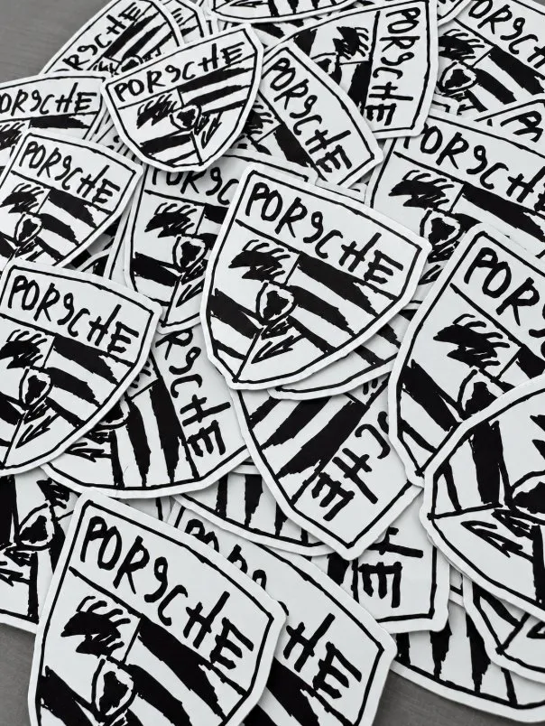 Hand-drawn Porsche crest stickers printed by Vaderwerks