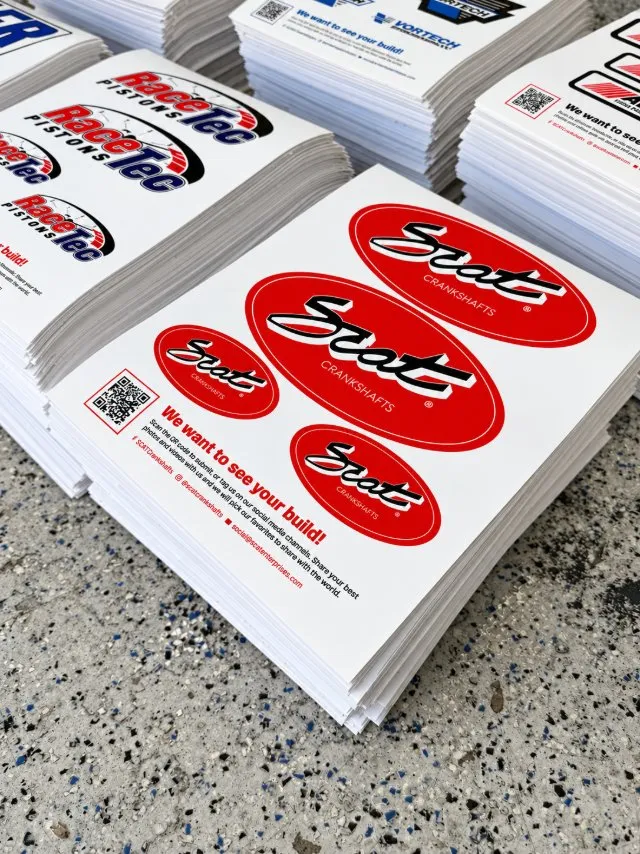 Scat Crankshafts sticker sheets stacked at Vaderwerks
