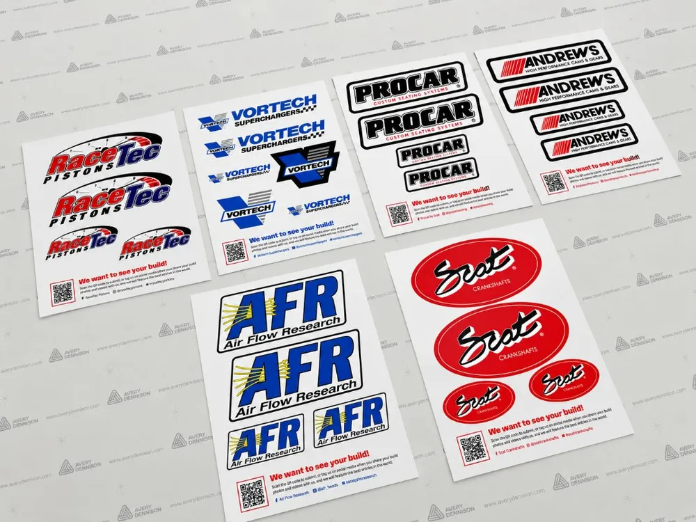 Custom sticker sheets for RaceTec, Vortech, Procar, AFR and Scat, printed by Vaderwerks