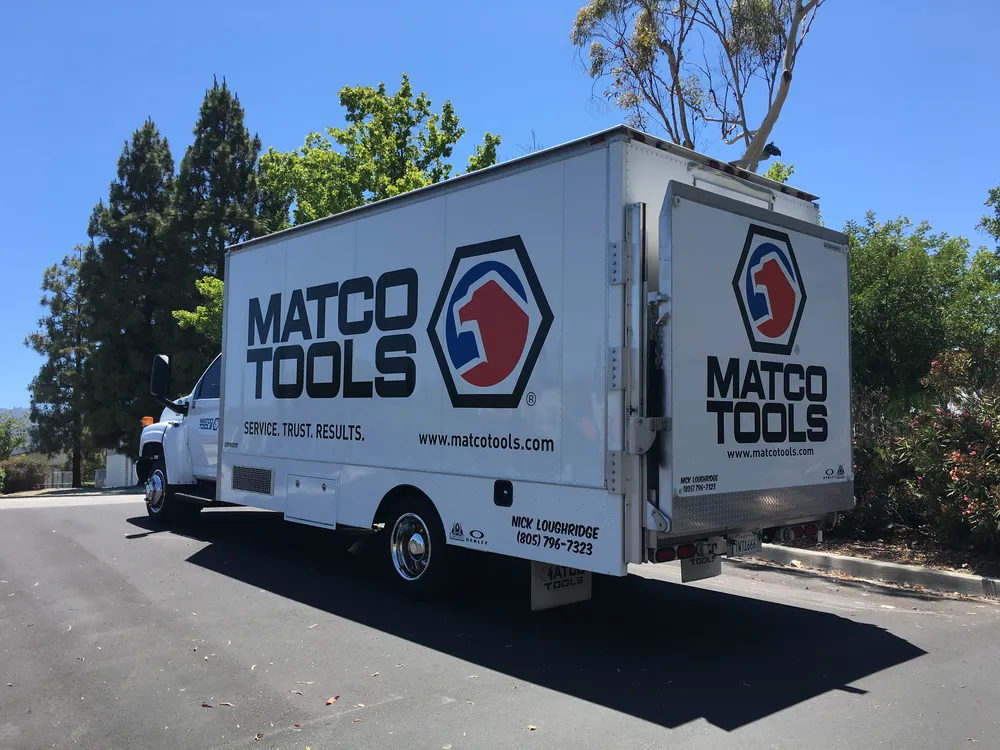 Matco Tools box truck fleet wrap, rear three-quarter view