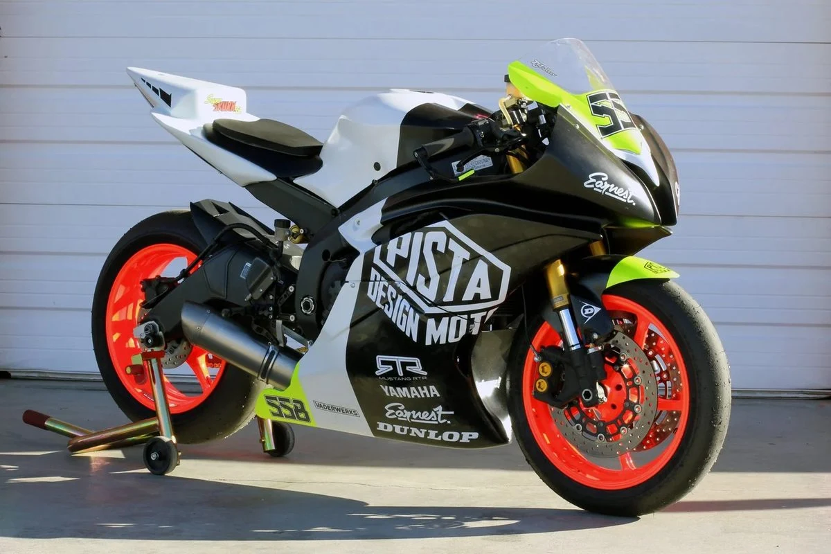 Yamaha Pista race motorcycle wrap with neon accents by Vaderwerks