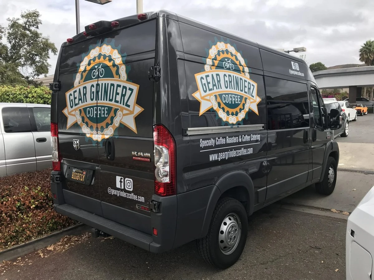 Gear Grinderz Coffee commercial van wrap by Vaderwerks