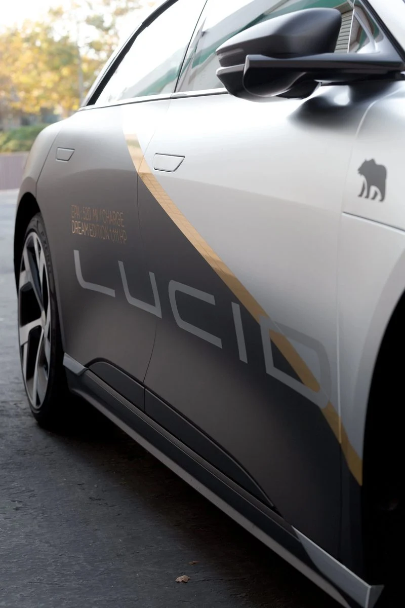 Lucid Air Dream Edition driver door vinyl wrap detail by Vaderwerks