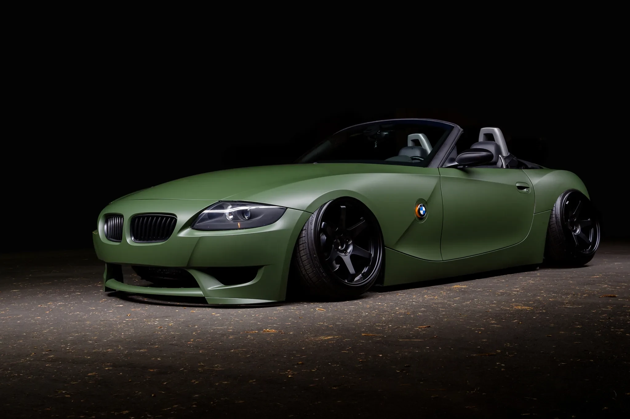 Matte olive green BMW Z4 roadster full wrap by Vaderwerks Agoura Hills