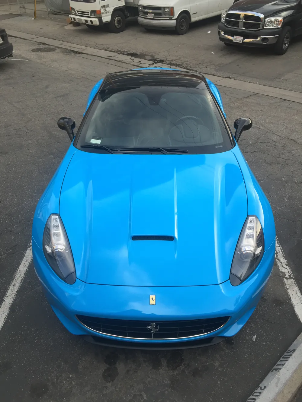 Blue Ferrari California T seen from above at Vaderwerks in Agoura Hills