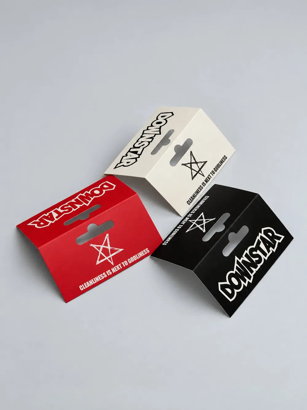 Downstar retail header cards in red, black and cream, printed by Vaderwerks
