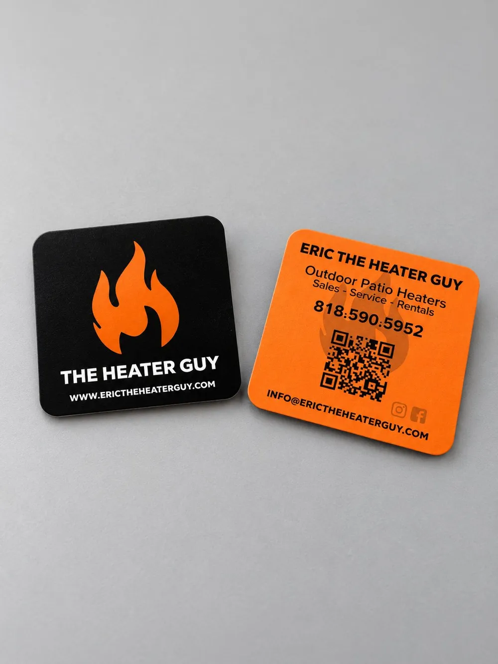 Eric The Heater Guy square business cards with QR code, printed by Vaderwerks