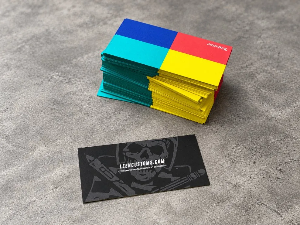 Leen Customs business cards with a color-block design, printed by Vaderwerks