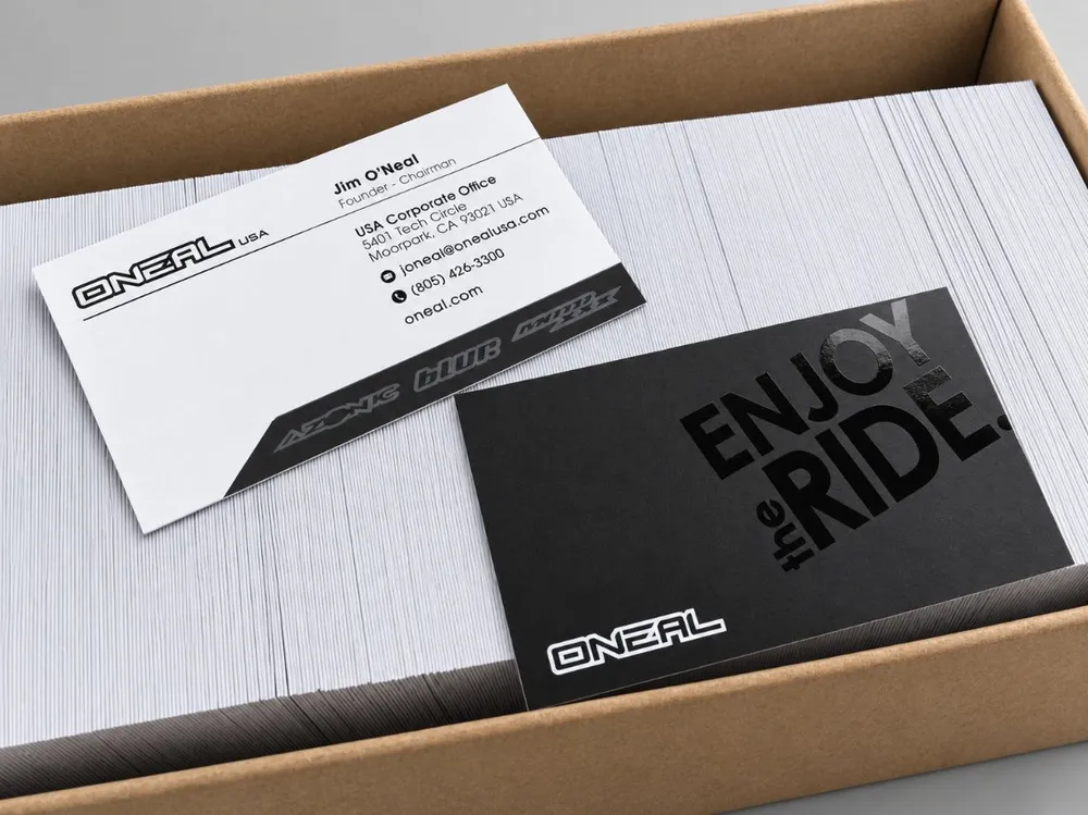 Box of O'Neal USA business cards printed by Vaderwerks in Agoura Hills